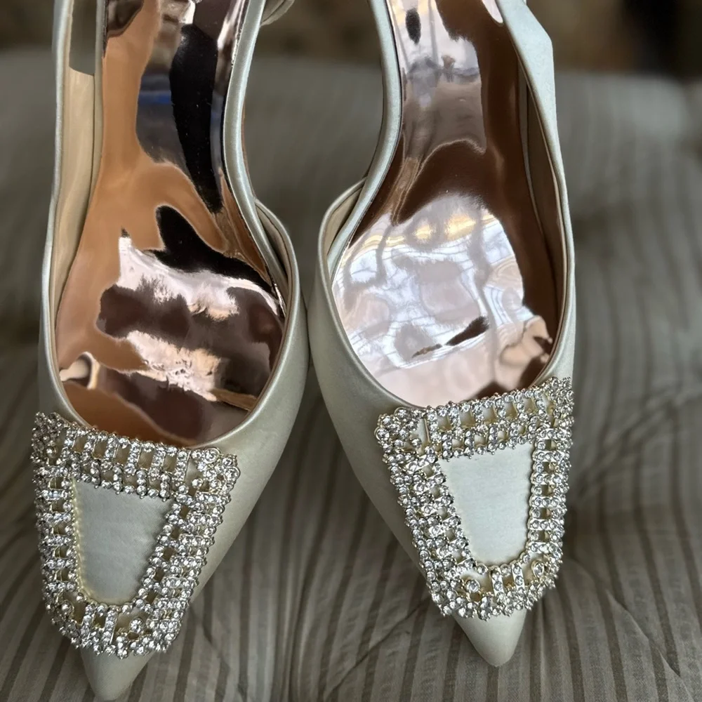 Badgley Mischka Ivory Satin Slingback Pumps with Crystal Buckle - Picture 10 of 12